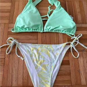H&M Mint Green and Yellow Palm-Print Bikini Set